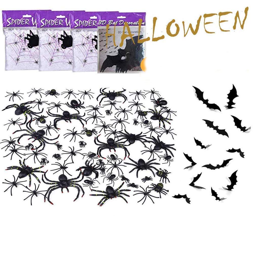 L-Tornado 3 Pack Stretch Spider Web with 1 Pack Bat Wall Decoration,60 PCs RubberSpiders and Bats Decoration Sticker, Super Stretchy Cobwebs for Halloween Party Decorations