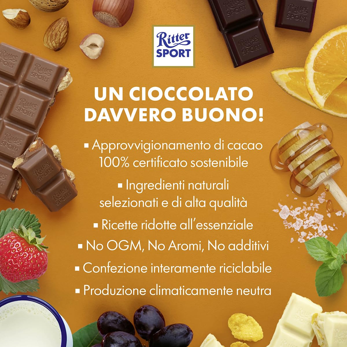 RITTER SPORT Fondente 70% Cacao, Tavoletta di Cioccolato Extra Fondente con Ingredienti Selezionati, Materie Prime da Filiera Certificata Sostenibile, 9 Pezzi x 100 g
