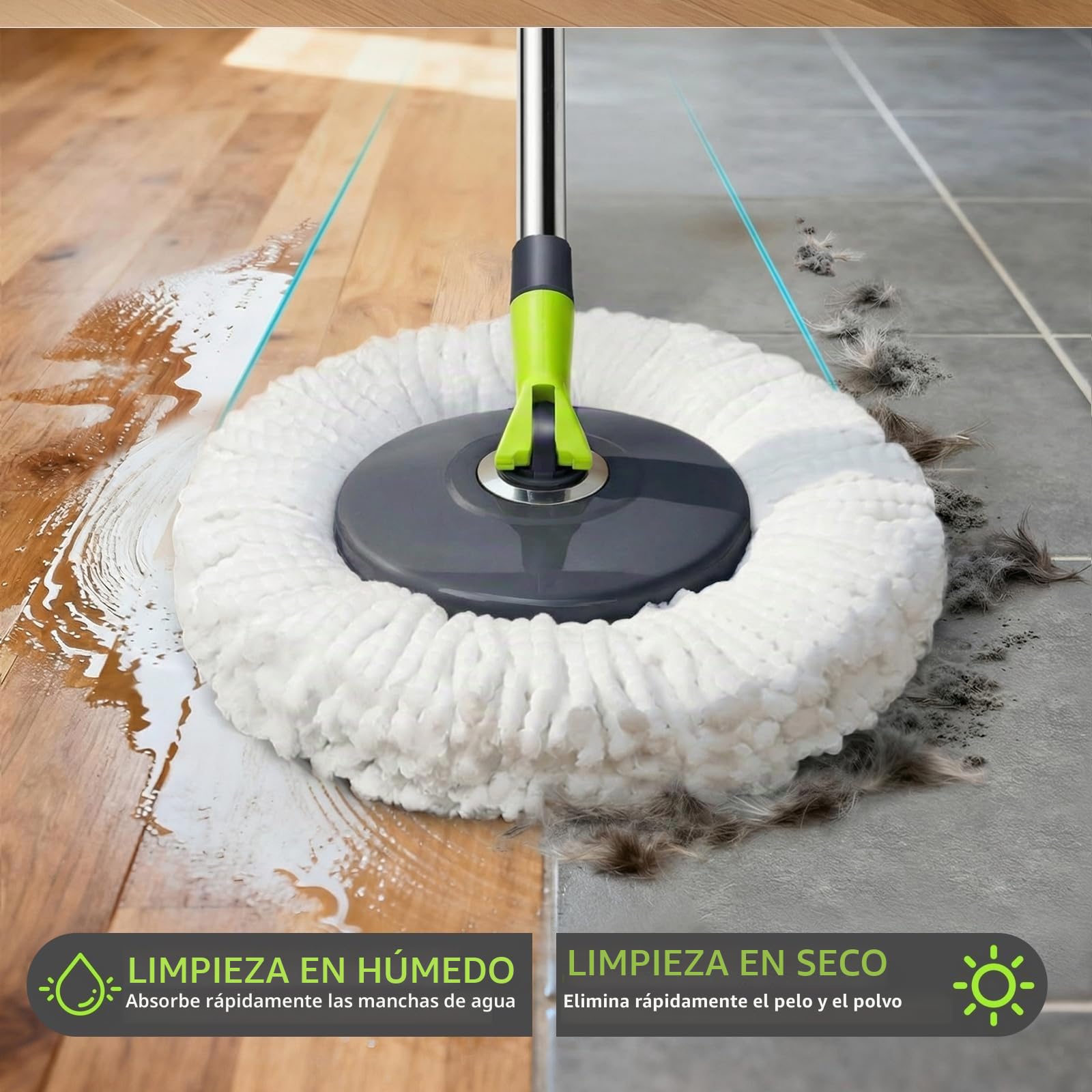 Masthome Juego de Fregona y Cubo,Sistema de Cubo de Fregona Giratoria,con 3 Almohadillas de fregona,2 en 1 Fregonas y Cubos Escurrefacil con Pedal,Adecuado para el hogar o la Oficina