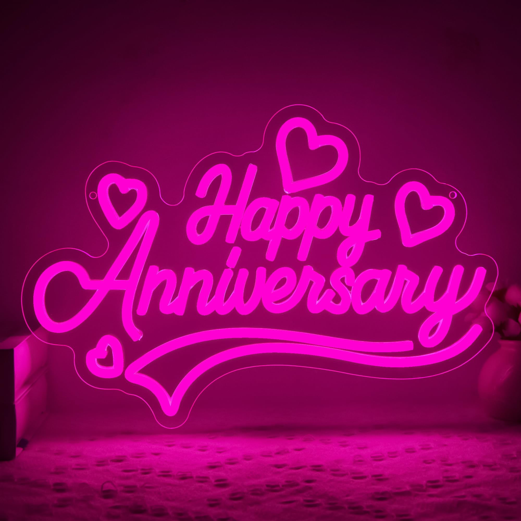 Neonschild mit Aufschrift "Happy Anniversary" für Wanddekoration, rosa LED-Licht, Herzhände, Neonlicht für Schlafzimmer, Mädchenzimmer, Hochzeitstag, Geburtstag, Party, Dekoration, Geschenke für sie