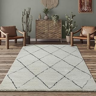the carpet Bahar Shaggy Elegant Designer Living Room Rug, Soft & Easy-Care High Pile Living Room Rug in Cream/Black, 140 x 200 cm
