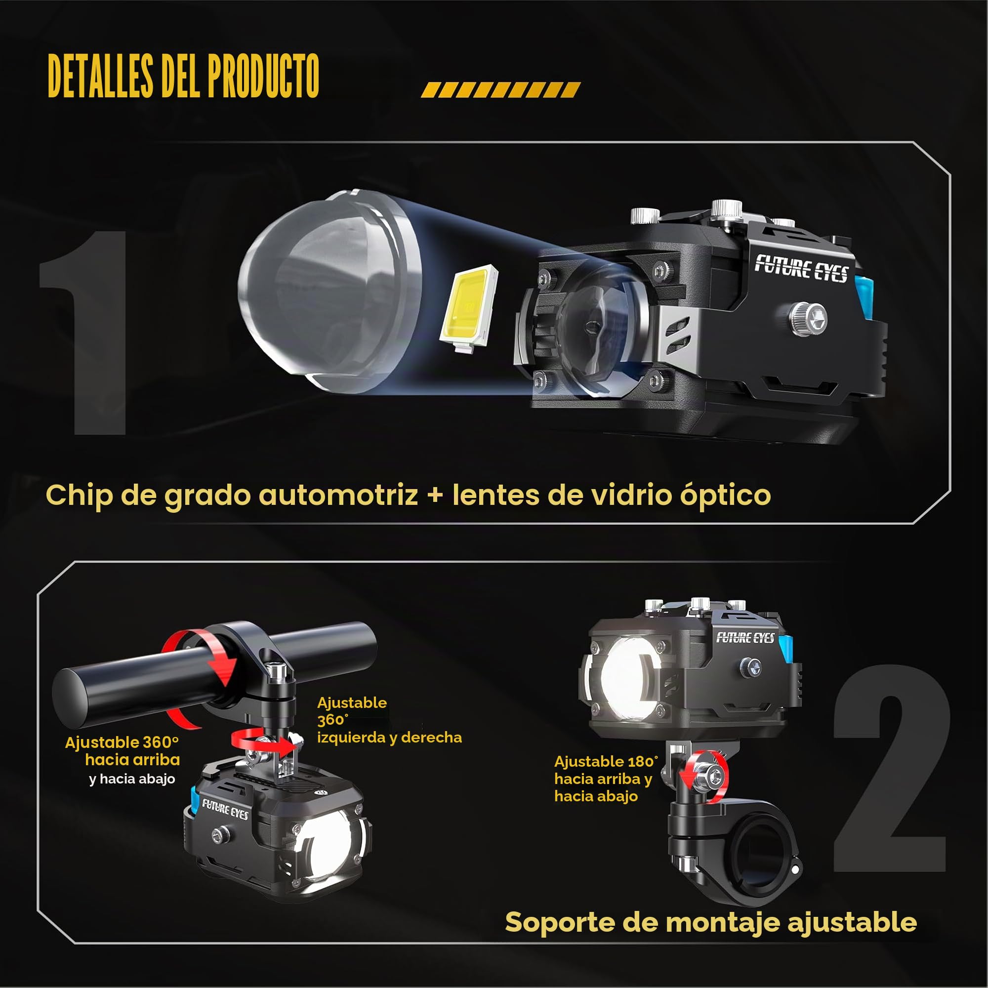 Future Eyes Faros LED Moto 6000LM 60W, Luces Homologadas ECE E-Mark E57, Faros Auxiliares Antiniebla IP67, Luces Exploradoras, Faros Potentes Anti-deslumbramiento 360°