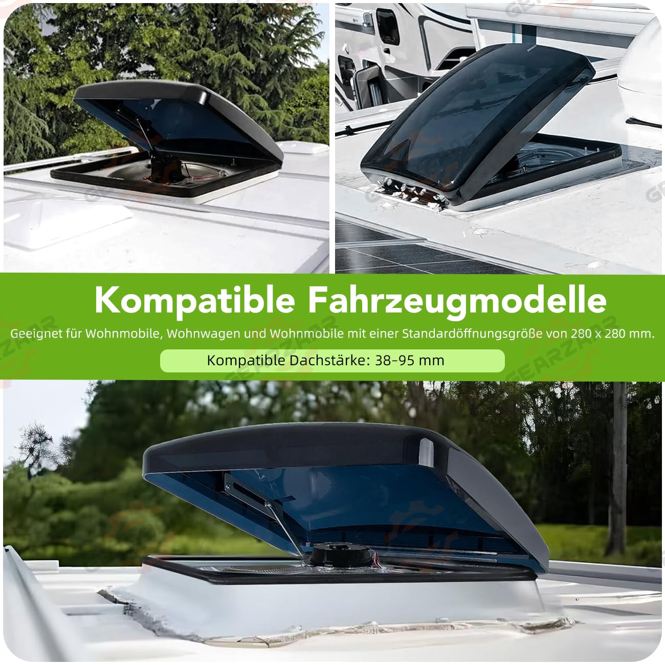 Wentylator dachowy 12V z światłem LED do kampera, wentylator wywiewowy IP68 28x28cm, Cichy wentylator RV 20–65dB, wentylacja do przyczepy kempingowej, wentylator dachowy z oknem 36x36cm do