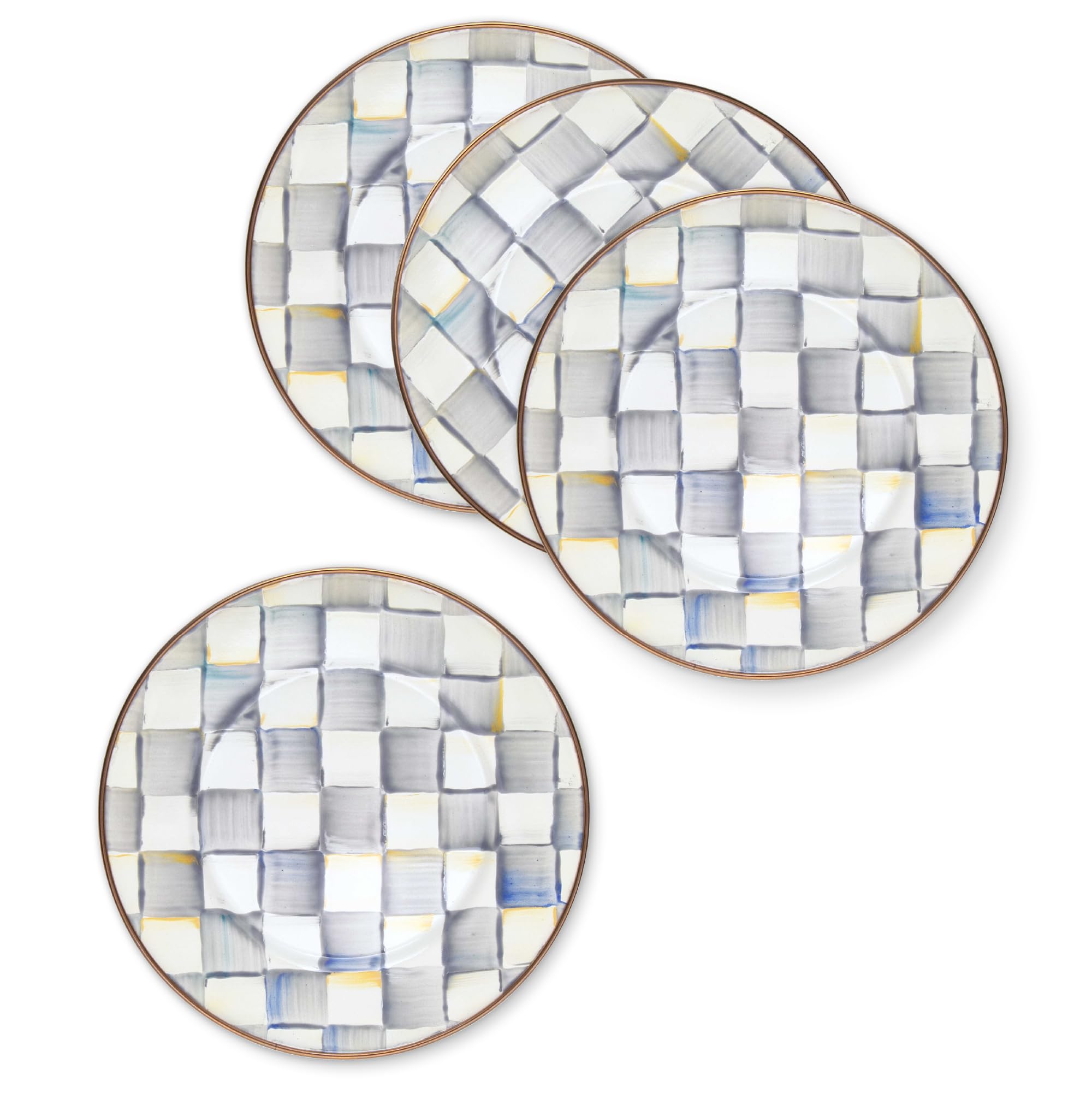 MACKENZIE-CHILDS Enamel Salad and Dessert Plate, Small Plate for a Dessert or Appetizer Dish, 8 Inches, Set of 4, Gray-and-White Sterling Check