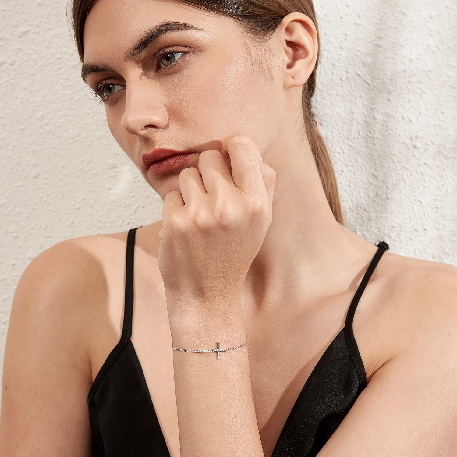 Dainty Cross Bracelet for Women 925 Sterling Silver, Cubic Zirconia Adjustable Bracelet 7inch 8inch