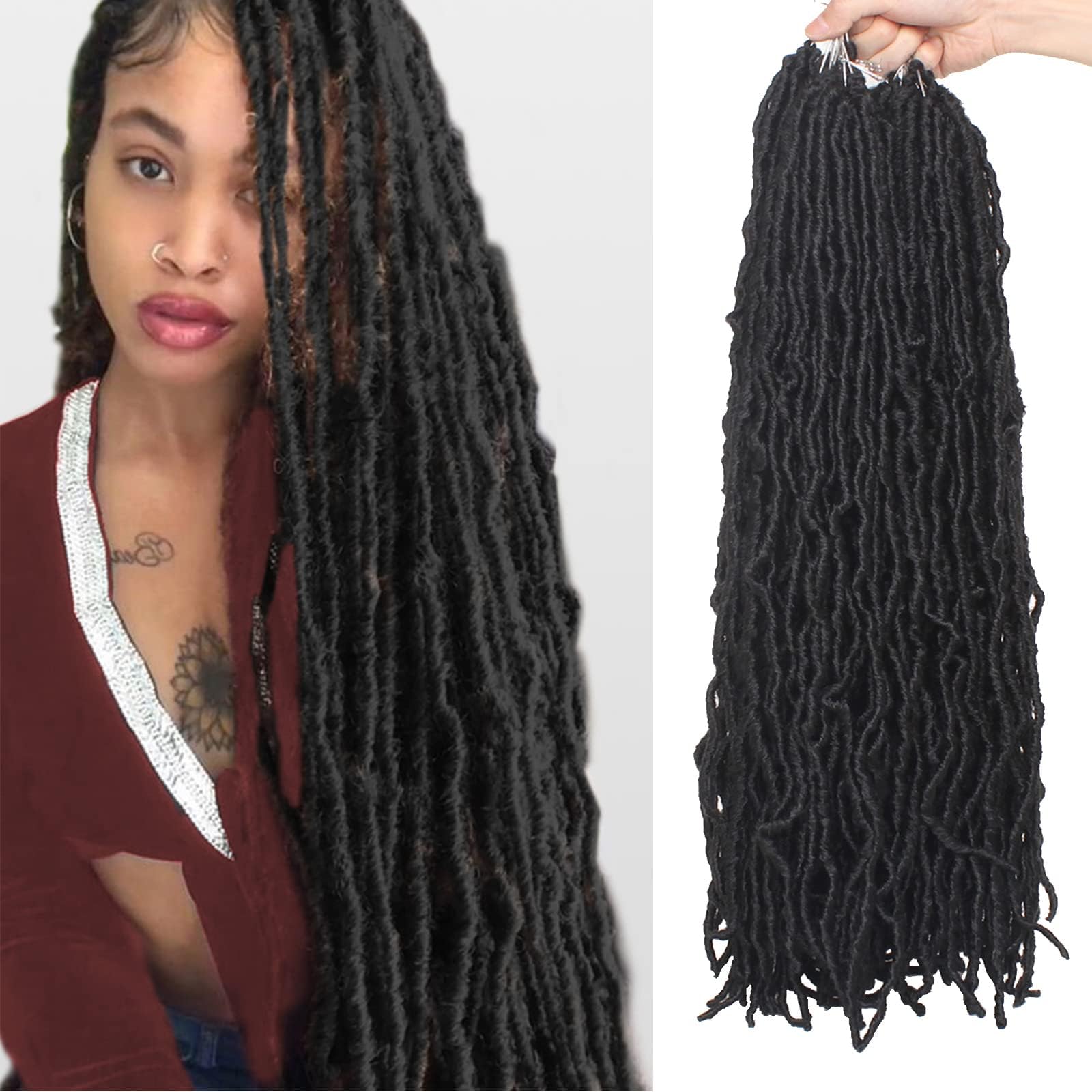 24 Inch New Faux Locs Hair 2Packs Natural Black Curly Wavy Goddess Soft Locs Crochet Braids Hair Synthetic Hair Extensions for Women (24 Inch, 1B#)
