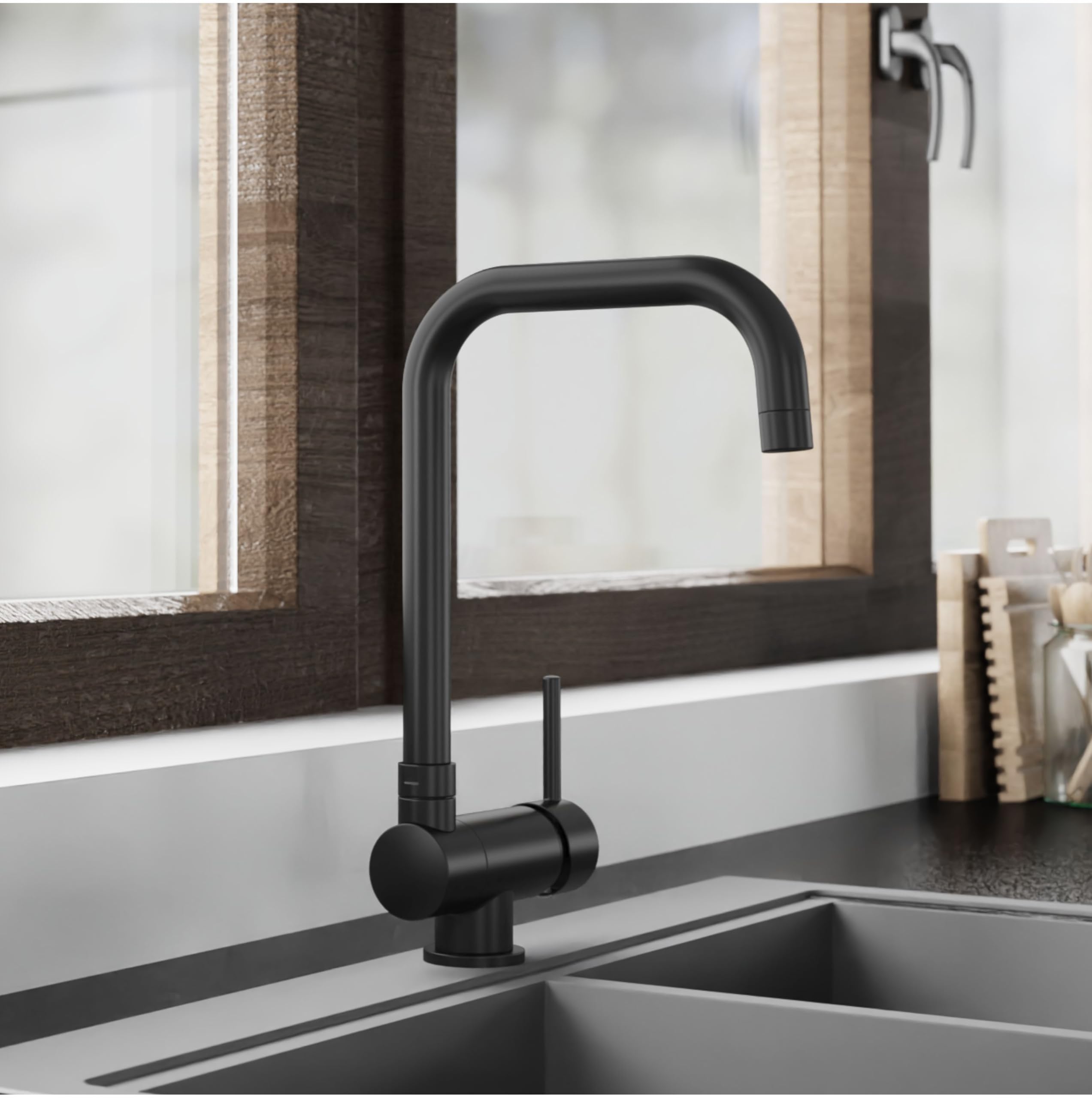 SCHÜTTE 24556 WINDOW - Grifo de cocina para ventana inferior, grifo de fregadero (flexible, plegable, giratorio 360°, monomando, color negro)
