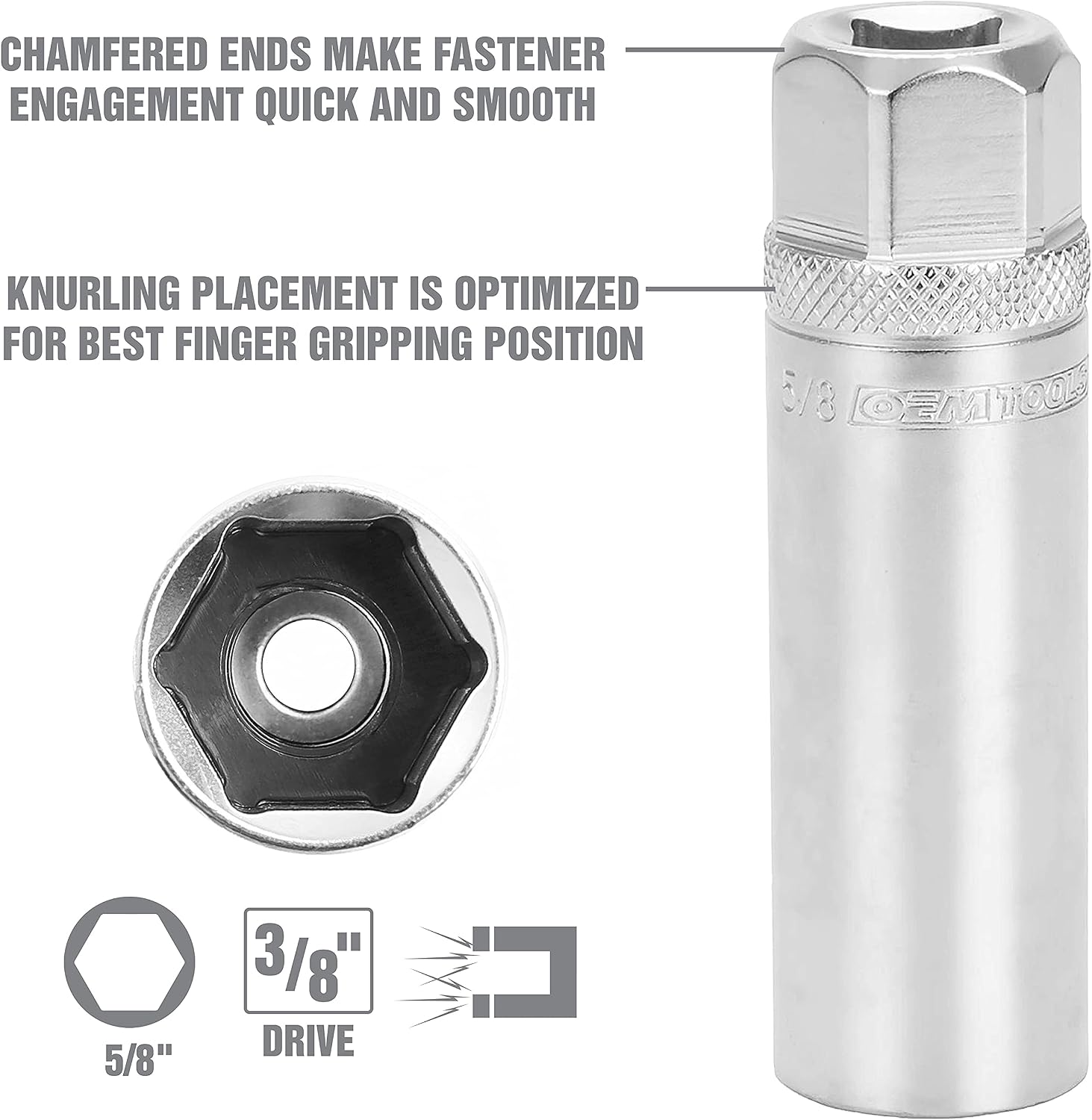 OEMTOOLS 22887 5/8 Spark Plug Socket, 3/8 Drive Magnetic Spark Plug Socket for Engine Tune Ups, Oil-Resistant Chrome Finish, S2 Alloy Steel