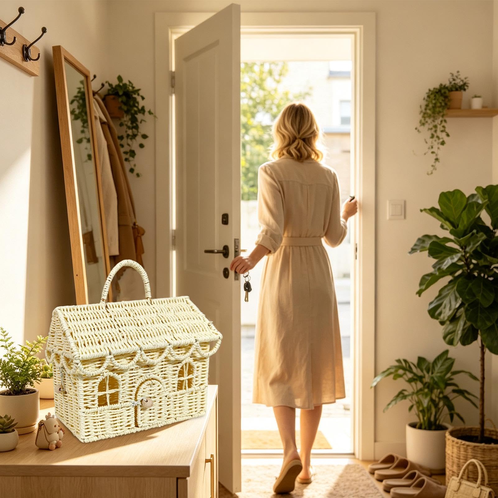 Cestino intrecciato a forma di casa in finto rattan, organizer decorativo | Cesto portaoggetti in vimini per casa, matrimonio, cucina, camera da letto, soggiorno, fattoria