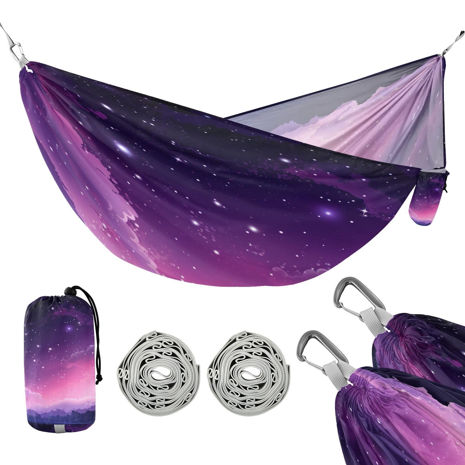 SDMKA Purple Space Field Camping Hammock, 330 lbs with 2 Tree Straps, Carry Bag, Single Portable Hammock for Outdoor/Indoor, Hiking, Beach, Backpacking, Travel