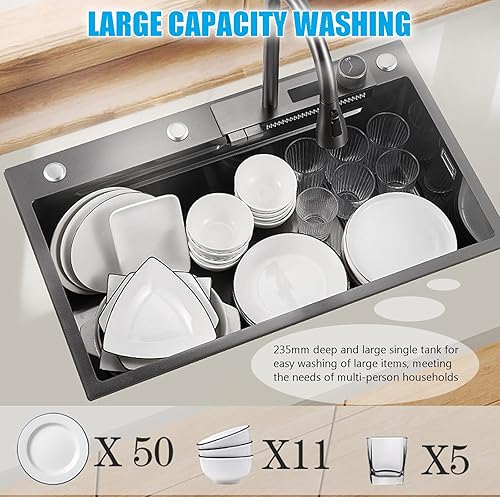 Miniatura 5 de Fregadero de cocina con cascada de lluvia voladora, fregadero de cocina de acero inoxidable, fregadero de cocina con fregadero de cocina individual,