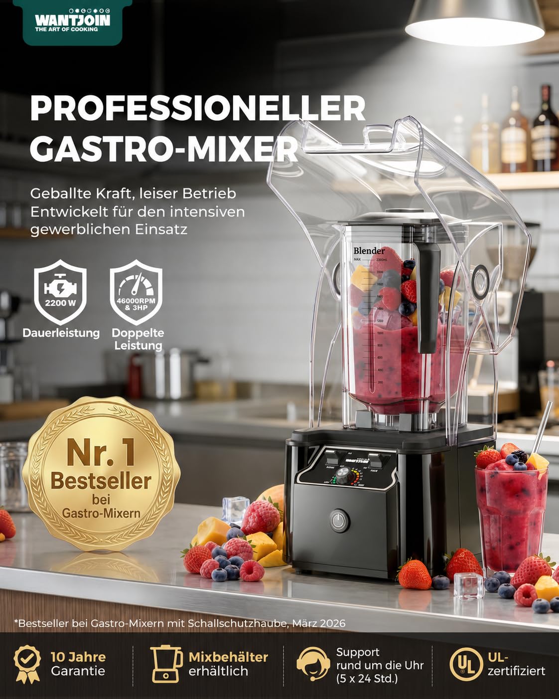 WantJoin Kommerzieller Mixer mit Schallschutzhaube 2.2L Leise Professioneller Smoothiemaker 2200W Hochleistungsmixer Gewerbe-Standmixer für Eiszerkleinerung, Gefrorene Desserts, Suppen und Fisch