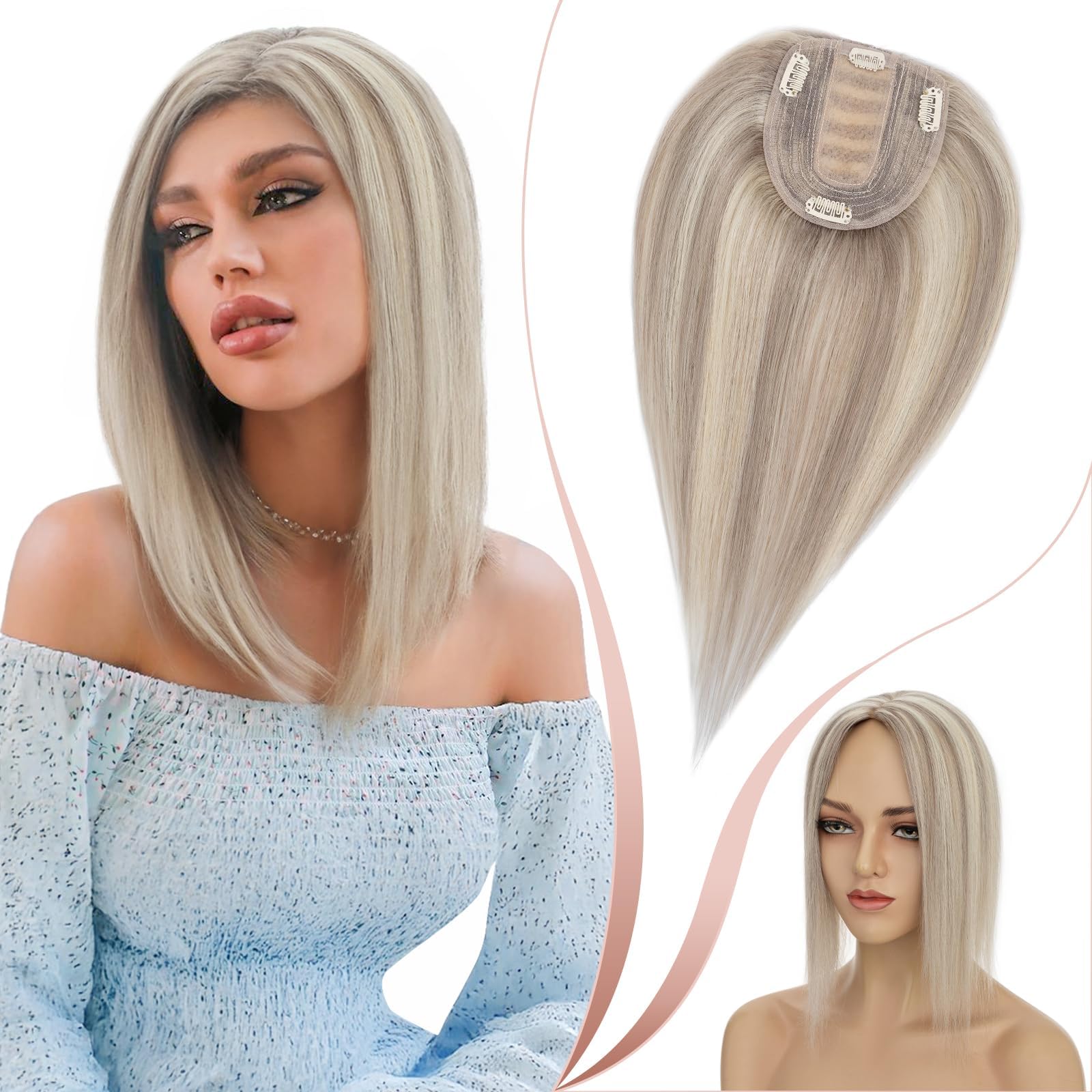 Elailite Clip in Hair Toppers Real Human Hair For Women uk Thinning Hair - Toupee Extensions MIDDLE SILK BASE HairPiece (#18Y/613 Ash Blonde Mix Bleach Blonde, 8 Inch)