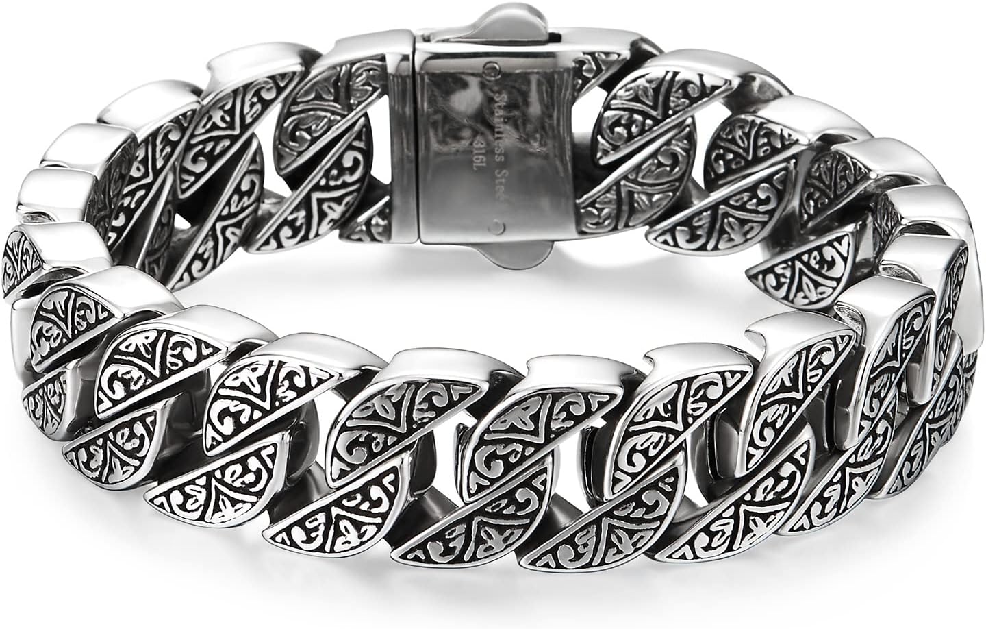 COOLSTEELANDBEYOND Stainless Steel Curb Chain Bracelet for Men, Sturdy and Large, Tribal Tattoo Pattern Fancy, Polished