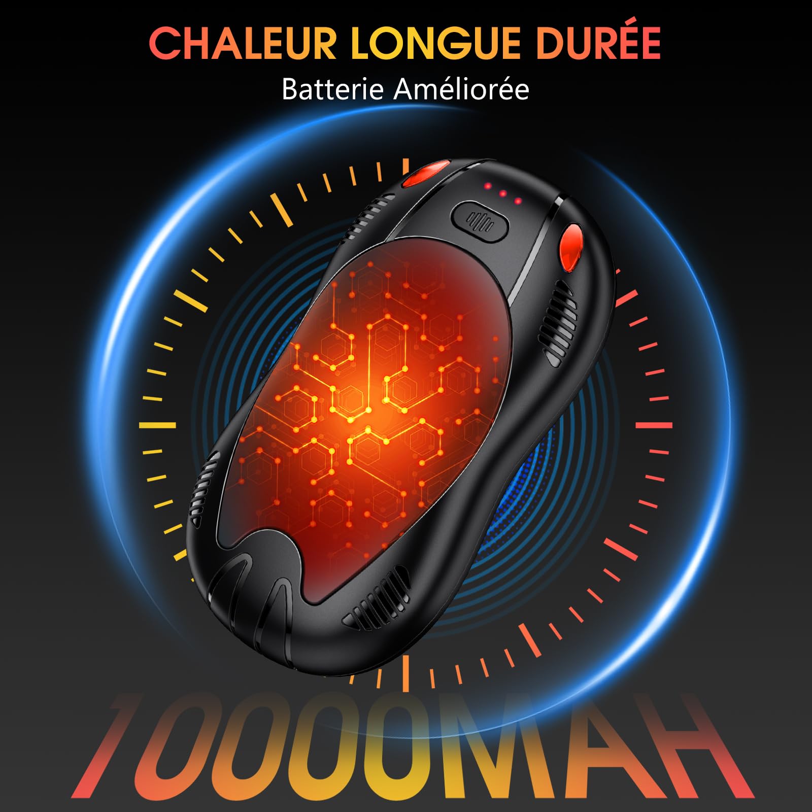 Chauffe Main Électrique mit 10000mAh, Chauffage Double Face Magnétique 2PCS, USB Rechargeable Chauffe-Main, 3 Niveaux de Température, Cadeaux d'hiver pour Plein Air/Camping/Noël (Noir Gris)
