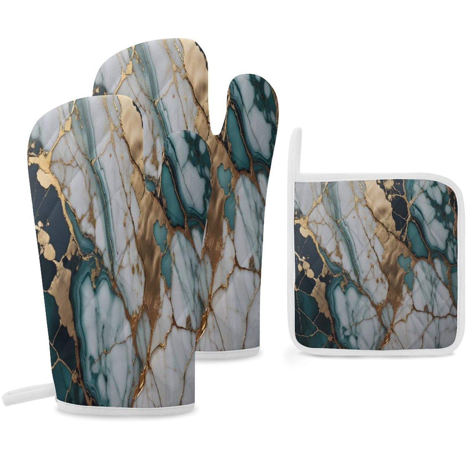Marble Oven Mitts and Pot Holders Sets of 3, Modern Abstract Foil Texture White Green Gold Marble Kitchen Decor Potholder, Heat Resistant Hot Pads