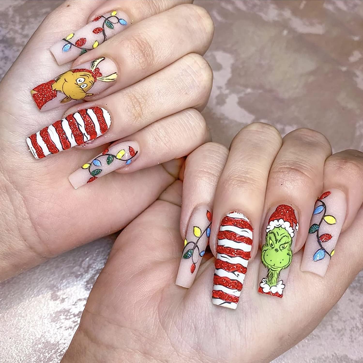 Christmas Press on Nails,Long Coffin Fake Nails Cute Red Full Cover Acrylic Nails with Design Winter Stick on Nails Xmas Artificial False Nails Christmas Nail Decorations Supplies for Women Girls