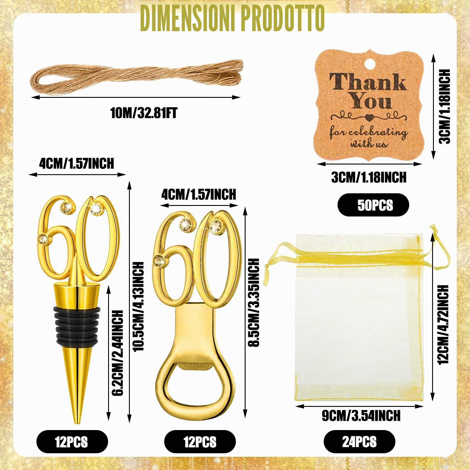Tioncy Confezione bomboniere 24 per 60° compleanno tappo vino, apribottiglie, etichette e sacchetti in rete per 60° anniversario di matrimonio souvenir