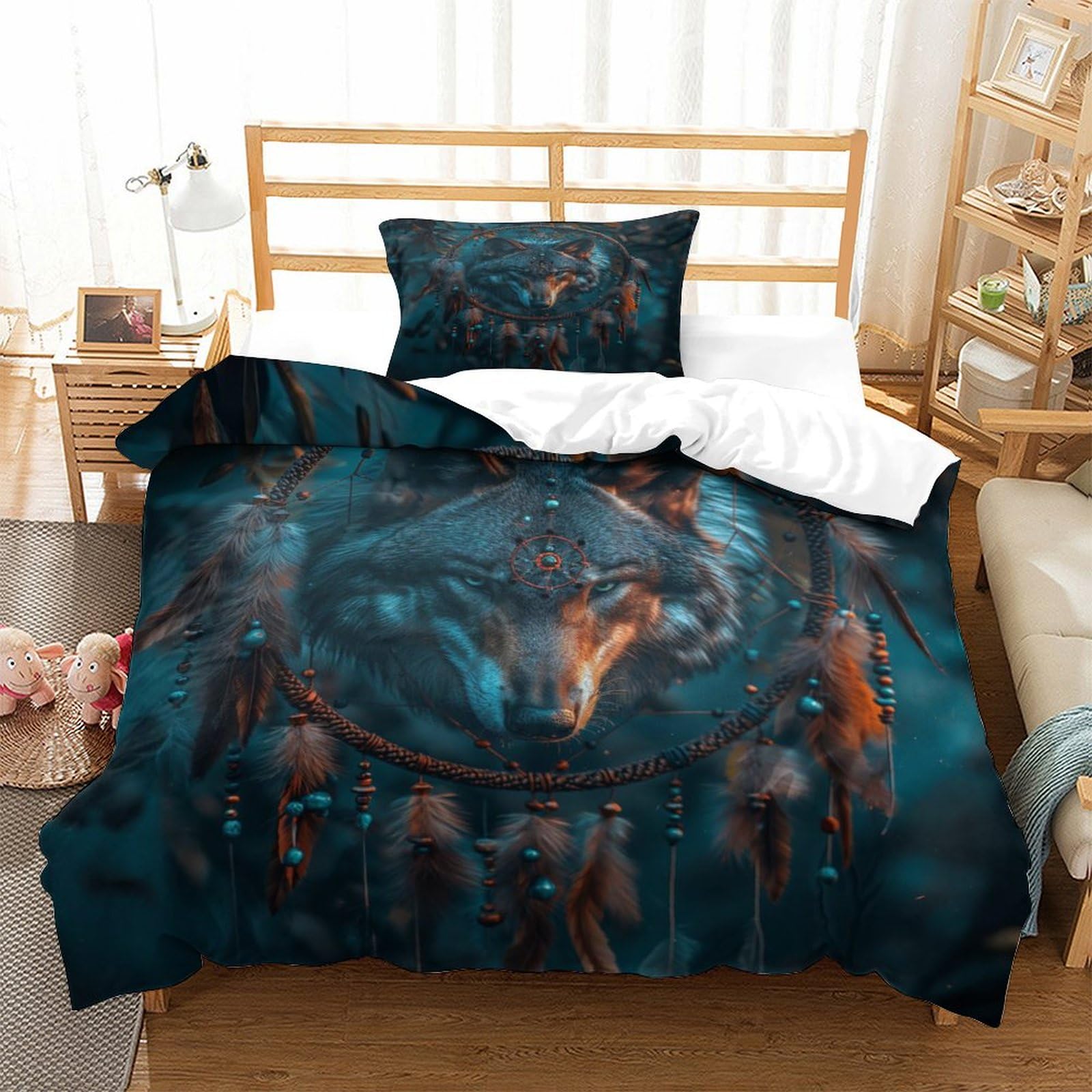 P1S9U7W5Y 3D Printed Tribal Wolf Duvet Cover Set 3 Pieces Microfiber Bedroom Decor Dreamcatcher Wolf Bedding Set for Adults Teens Home Gift Single（135x200cm）
