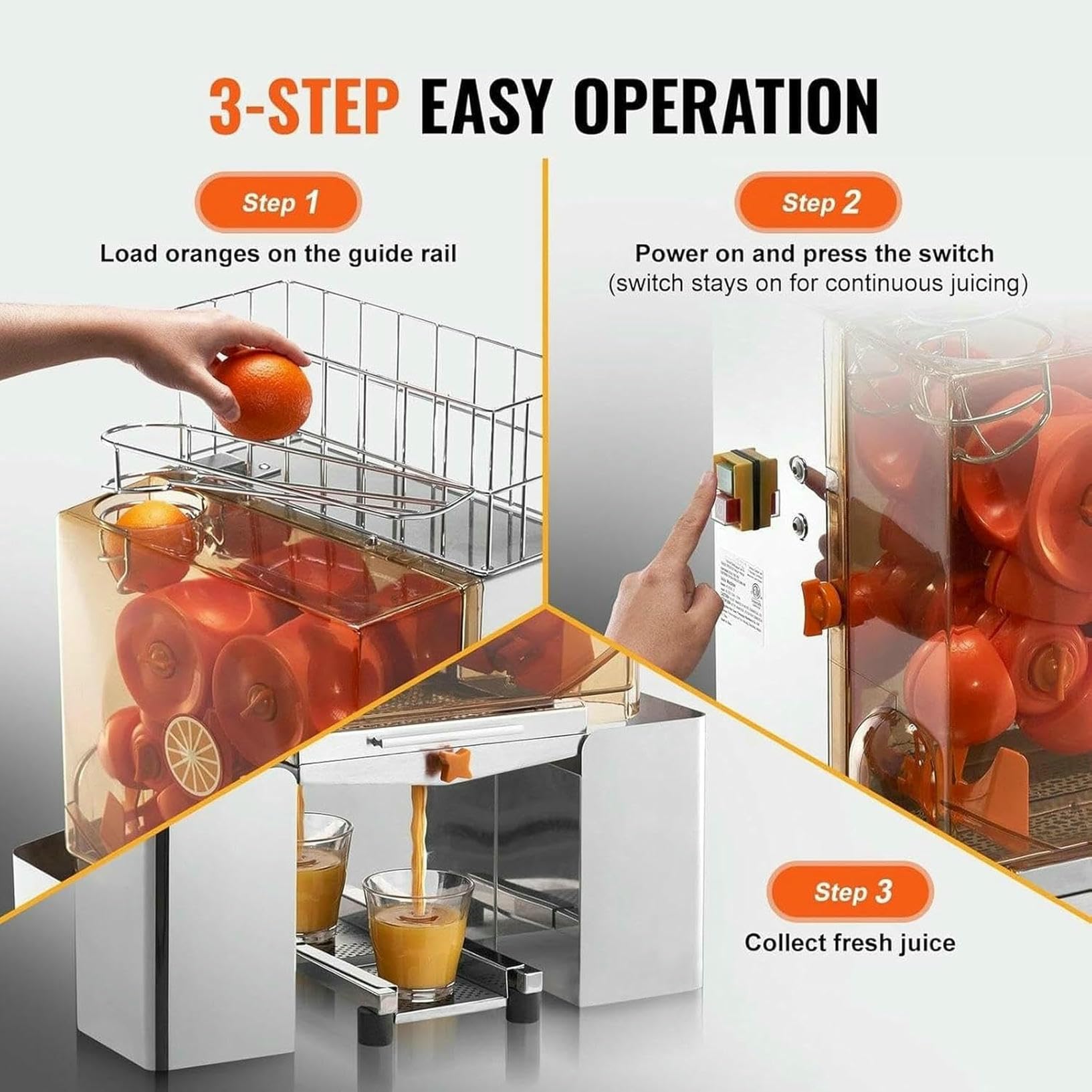 Máquina exprimidora de Naranjas Comercial de 120 W - Extractor de Zumo automático con Caja de Filtro extraíble, Cubierta de policarbonato, 2 Cubos para Recoger cáscaras, 20 Naranja