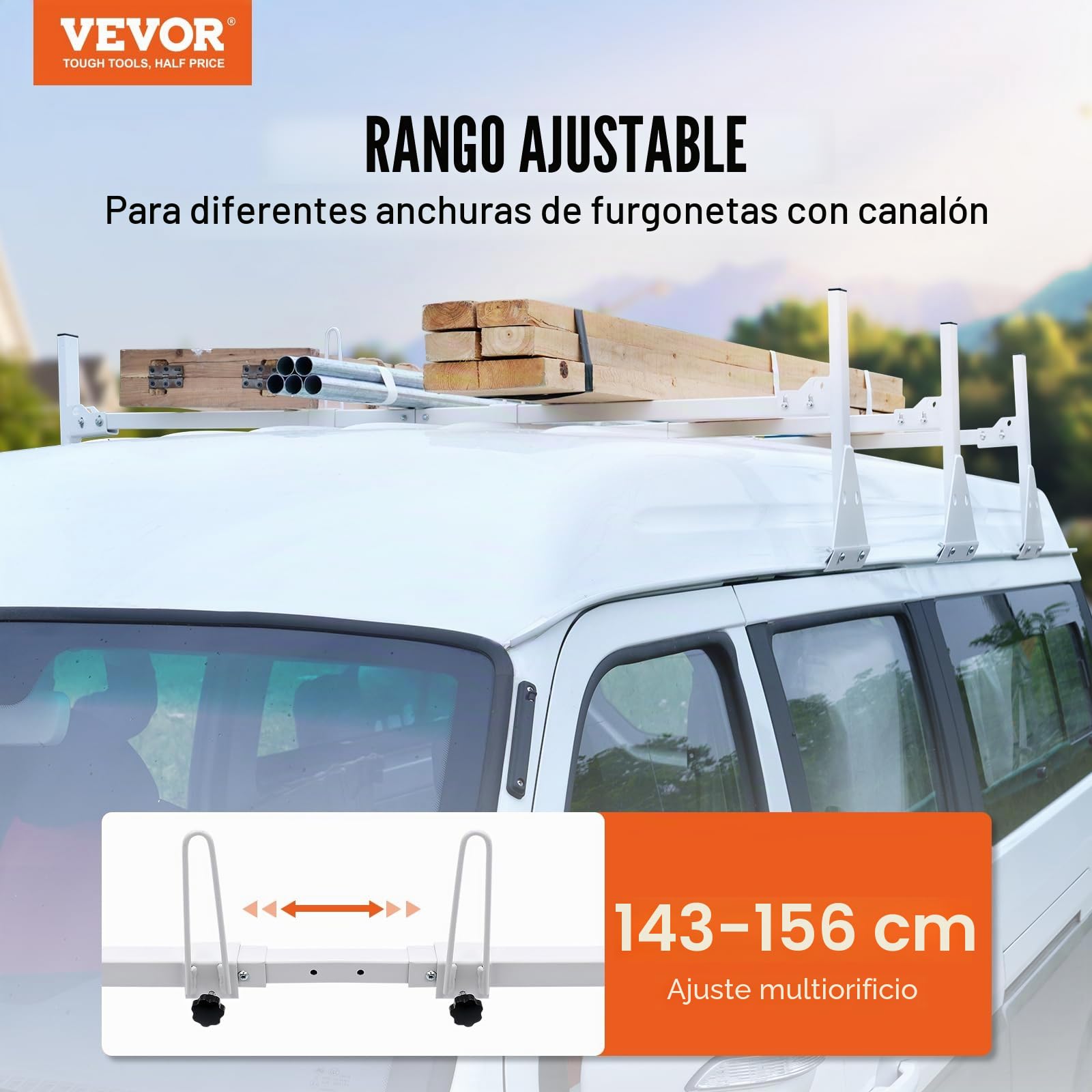 VEVOR Portaequipajes de Techo para Furgoneta Ajustable 143-156 cm Portaequipajes de Acero de Aleación 3 Barras con Topes de Escalera Capacidad de 340 kg para Furgonetas de Tamaño Completo para Viajes