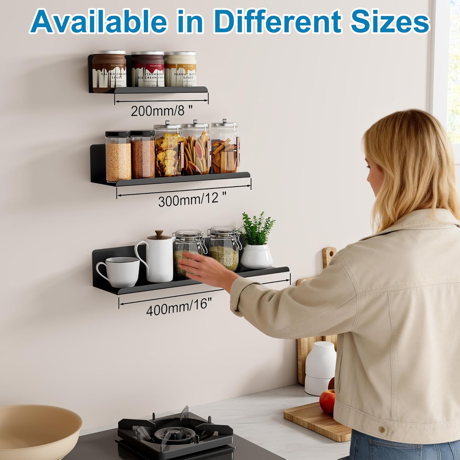 SAYAYO Black Floating Shelves for Wall Storage, 16 Inch Screw or Self Adhesive Wall Shelves for Bedroom Decor, Display Bathroom Shelf Organizer for Kitchen, Living Room, Office, 2pcs