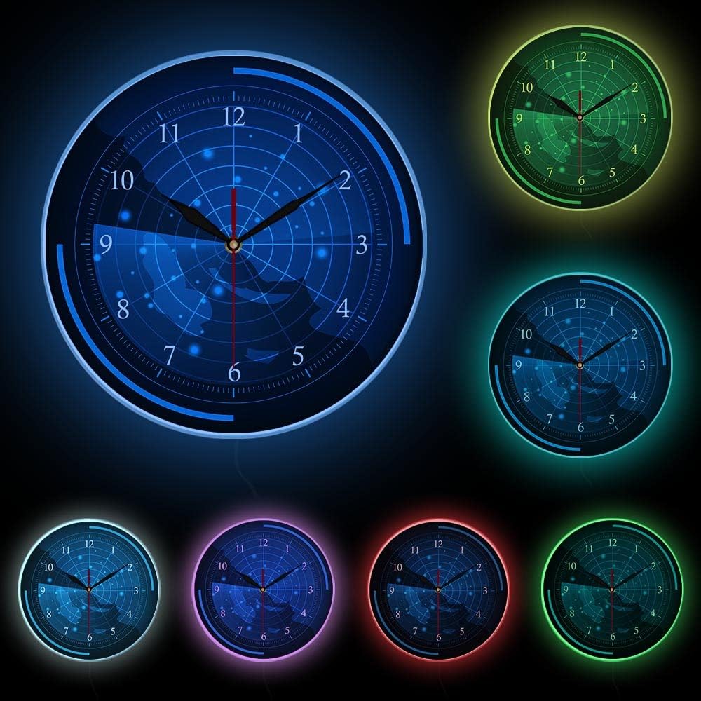 Geek Alerts Blue Radar Screen with Map LED Silent Wall Clock with USB Multi Color Changing Light Radar with Targets Acrylic Frame Timepieces Raster of The Air Army Assassination Hanging Decor