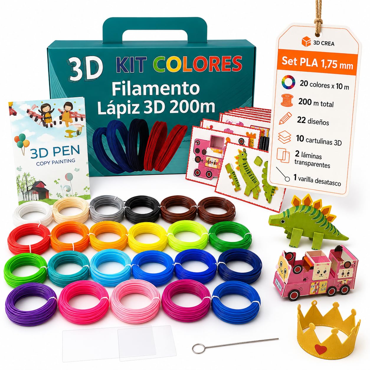 3D Crea Filamento PLA 1.75 mm para Bolígrafo 3D · Kit 20 Colores x 10 m · 200 m Totales · Plantillas Cartulinas 3D y Láminas · Temperatura 180 210 C · Recambios para Lápiz 3D