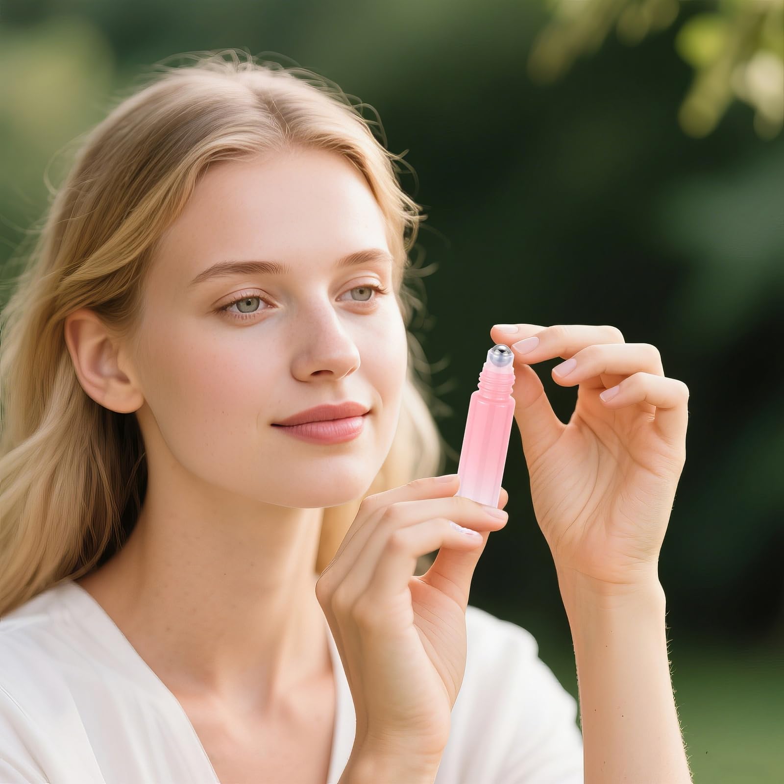 42 bottiglie di olio essenziale da 10 ml, per aromaterapia, con palline in acciaio inox, bottiglie per campioni di olio ricaricabile, colore rosa sfumato (apribottiglie e imbuto inclusi)