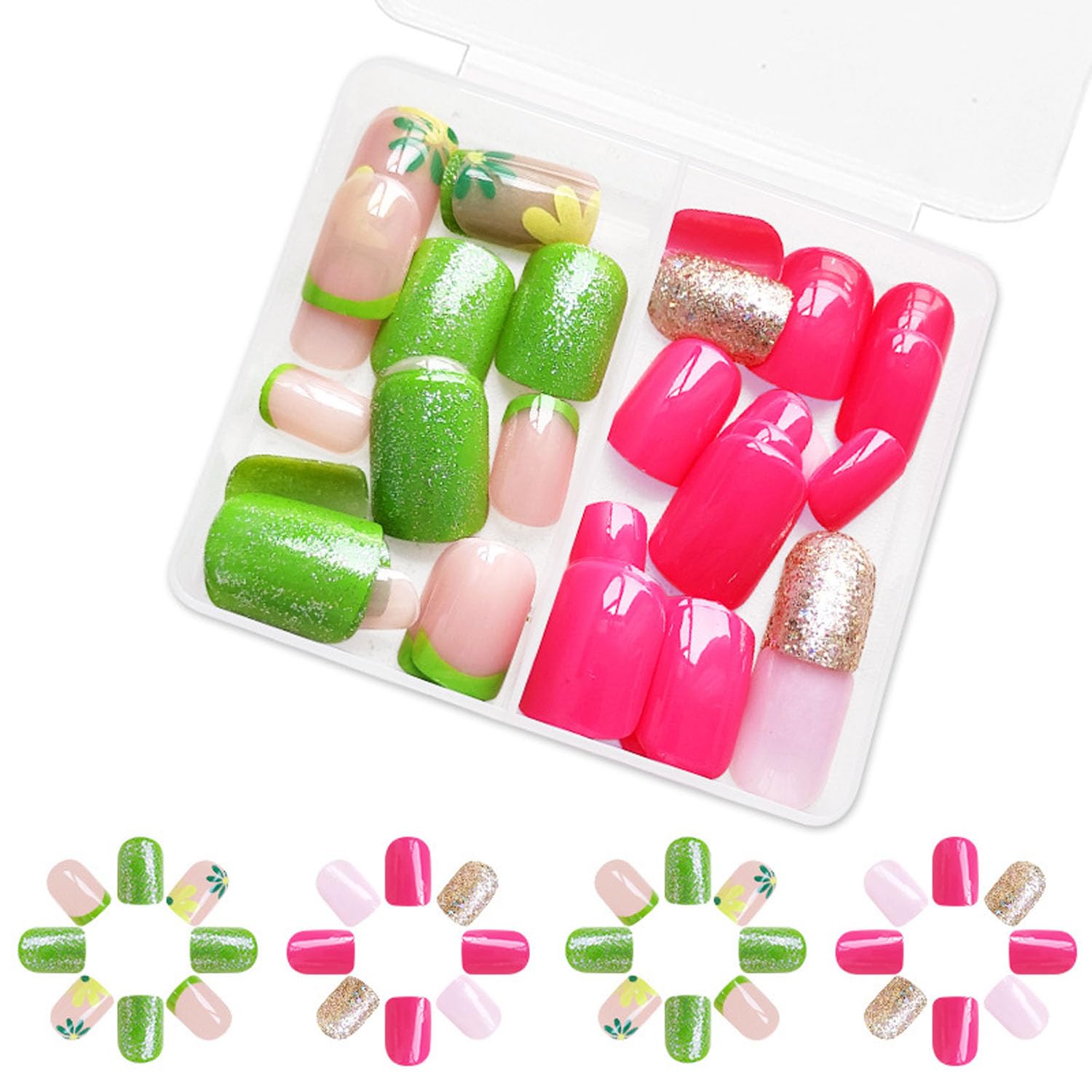 48Pcs Short Press on Nails Square Fake Nails with Sparkling Glitter Floral Design Green Pink French Tip Press ons Kit Flower Stick on Nails Spring