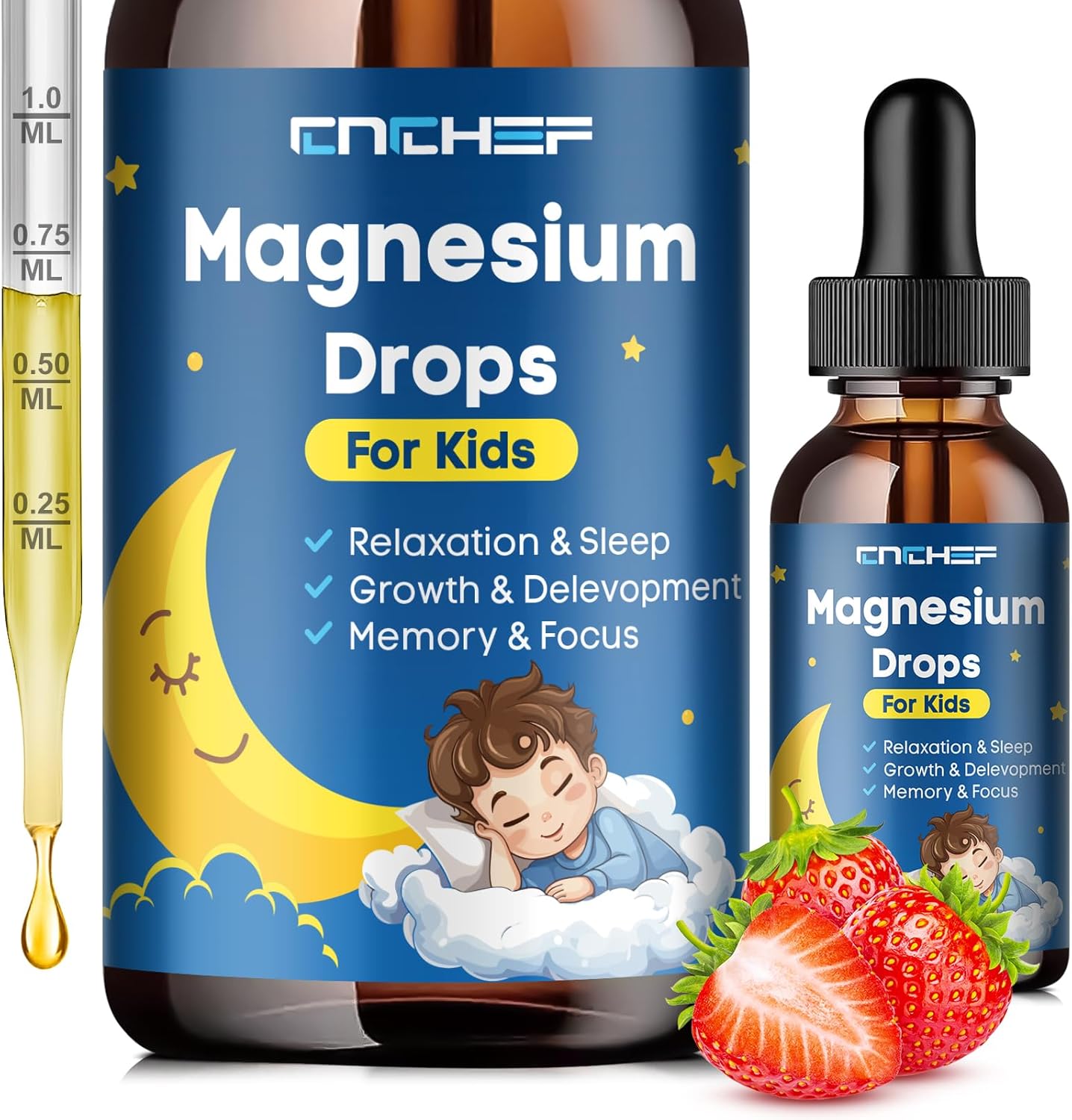 Magnesium Drops – Magnesium Glycinate Liquid Drops for Kids – Calm, Sleep, Relaxation, Bones, Brain Support with Vitamin B6, C, D3, Omega-3, L-Theanine, Zinc, Multivitamins – Strawberry Flavor 2 Fl Oz