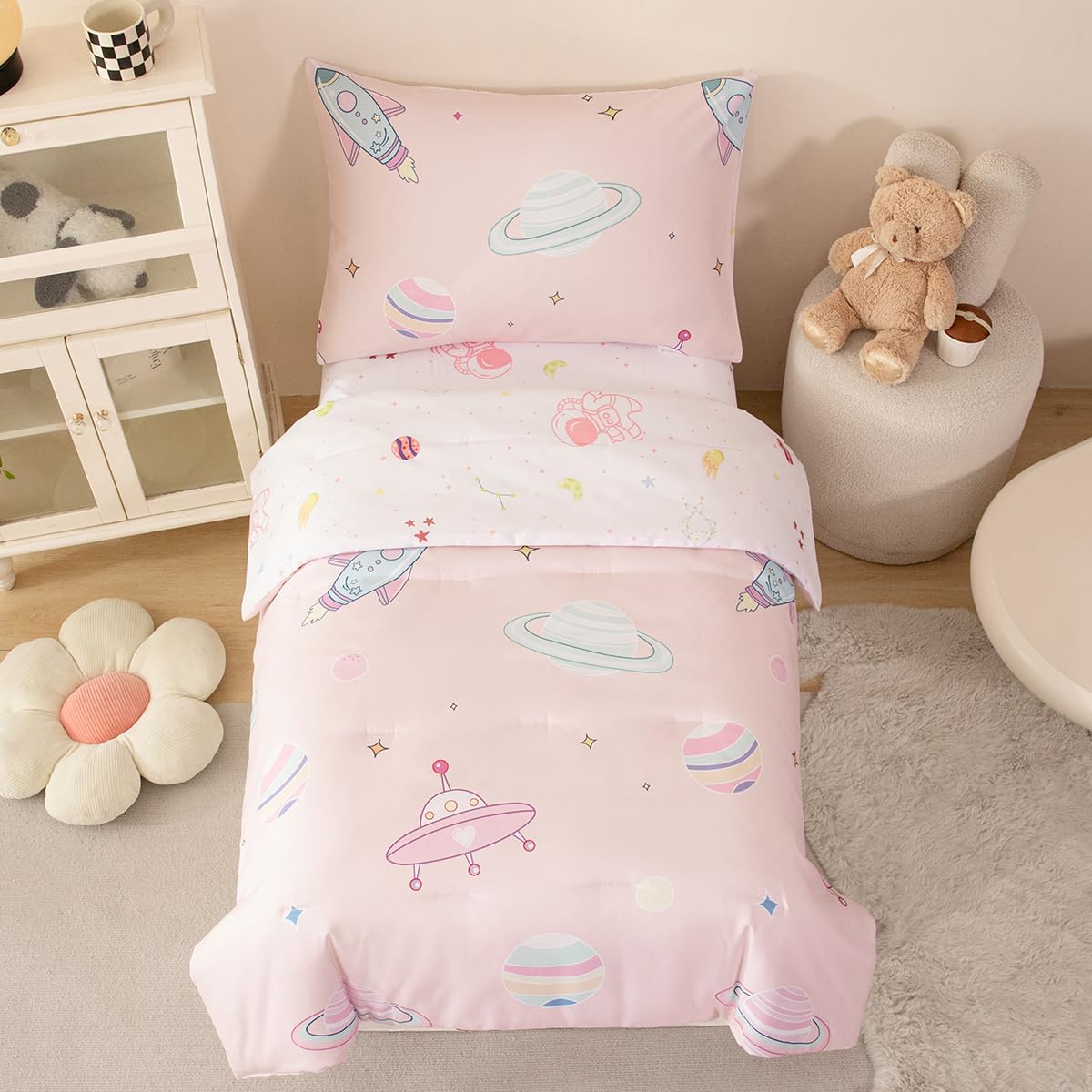 STYHO Space Toddler Duvet Cover 2 Pieces Cartoon Reversible Pink Planet Rocket Bedding Sets for Cot Bed Soft Breathable Girls Duvet Set including Zipper Closure(Space - Image 3