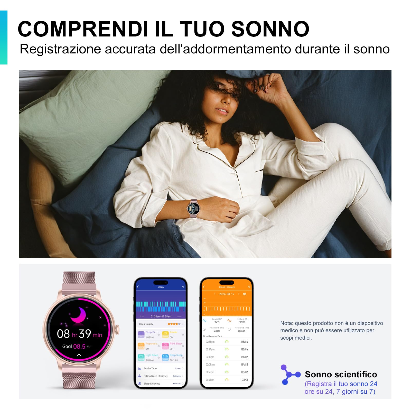 AcclaFit Smartwatch Uomo Donna con Chiamate Bluetooth, Orologio Fitness Rotondo da 1,38" con 147+ Modalità Sportive, Cardiofrequenzimetro, Sonno, IP68 Impermeabile, Compatibile con Android iOS