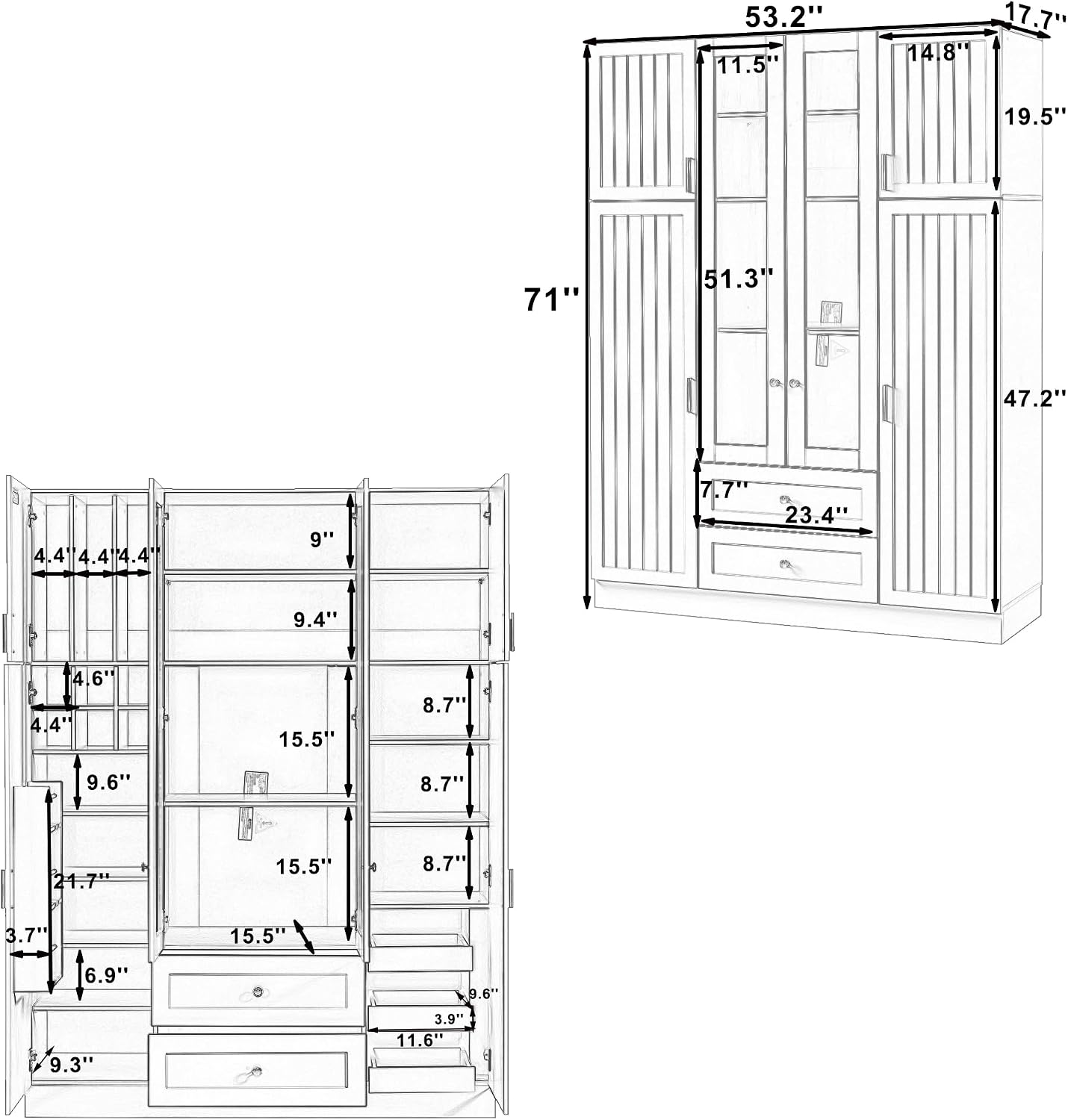 Merax Modern Large Kitchen Pantry with 6 Doors, 53.2''Lx17.7''W Storage Cabinet Cupboard with Drawers, Adjustable Shelves, Pull-Out Trays and Wine Rack for Dining Room, Green
