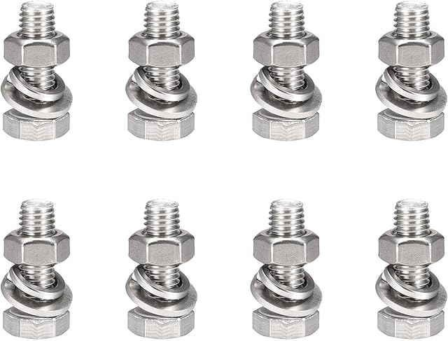 sourcing map M10 x 30mm Hex Head Screws Bolts, Nuts, Flat & Lock Washers Kits, 304 Stainless Steel Fully Thread Hexagon Bolts 8 Sets