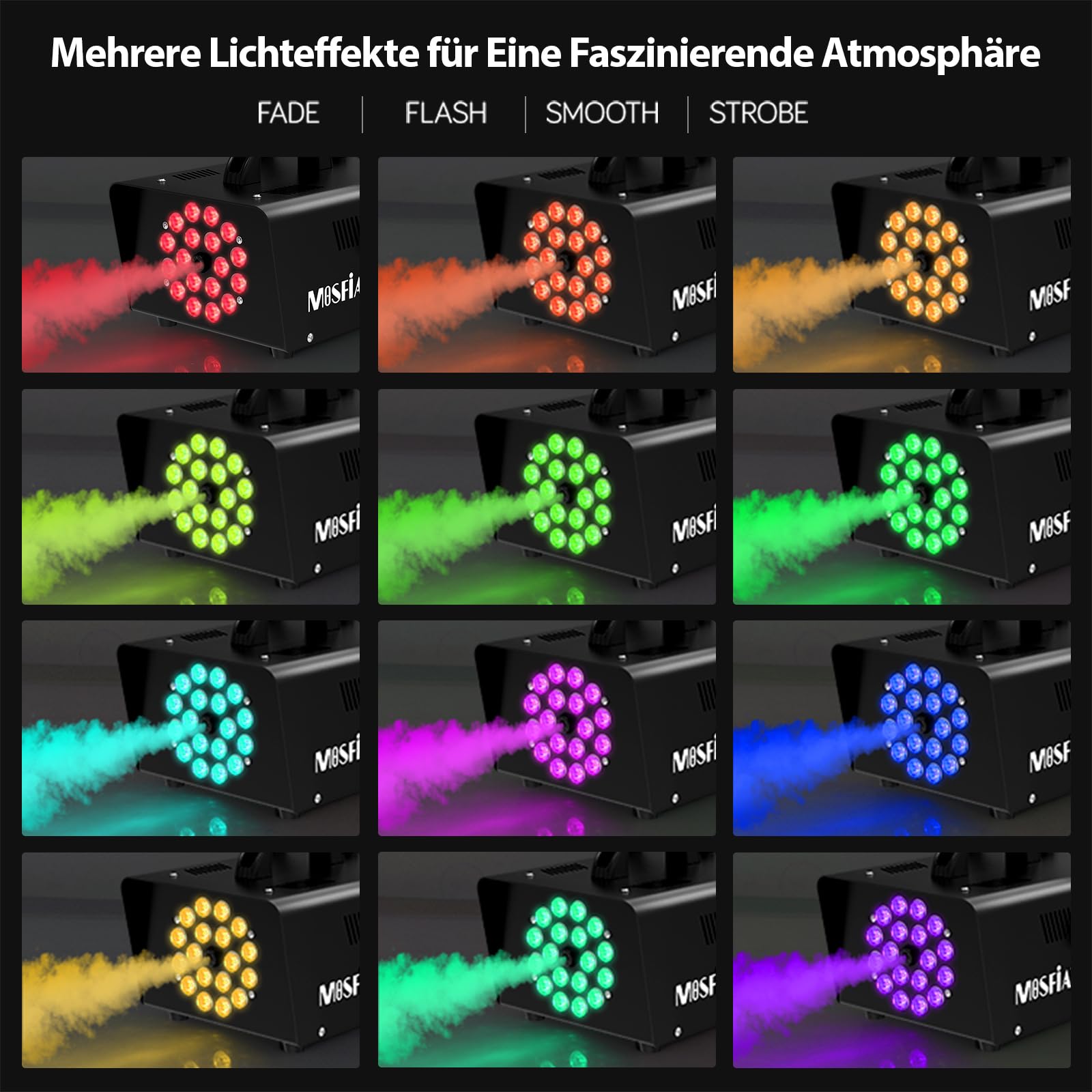 Nebelmaschine, 1200W Rauchmaschine mit 18 RGB-LEDs für Partys, Geburtstage, Halloween, Disco, DJ Bühneneffekt