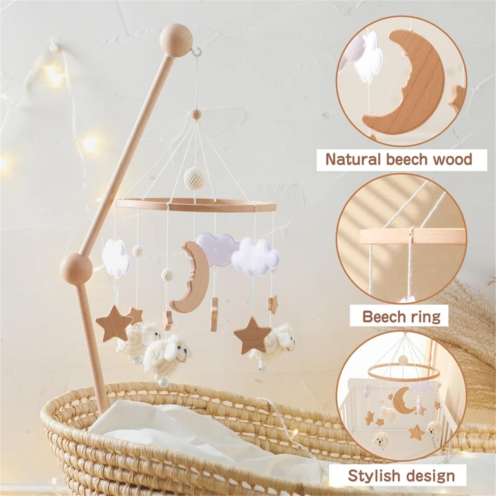 Tiere Mobile Baby Windspiele, Stern Mond Lamm Mobile Baby Holz mit Filzbällen, Mobile Baby Mädchen Bettglocke Anhänger für Babybett Jungen und Mädchen (Weiß)