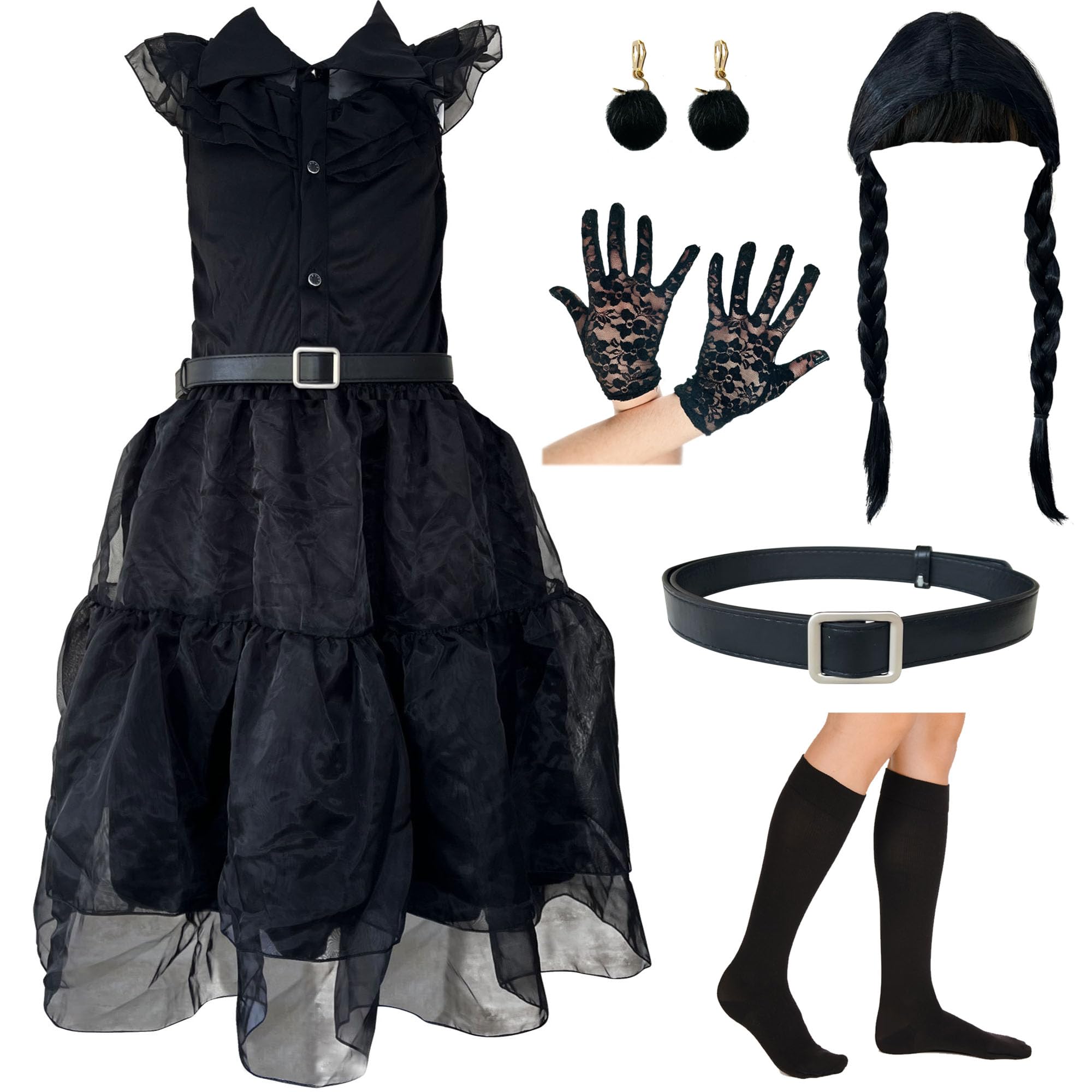 Lace Dress Kids’ Costume Girls Aged 7-9 Years – Dress, Wig Belt Earrings Socks Gloves Girls’ Halloween Costume/Cosplay Outfit