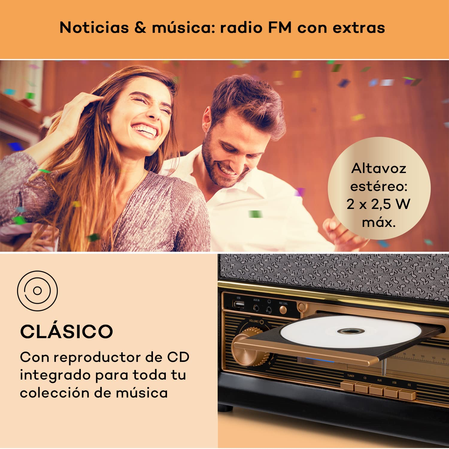 Auna Radio CD, Diseño Retro FM Radio con Sonido Estéreo y AUX, Portatil Madera Altavoces Integrados, Pantalla LC Mando Distancia, Transistores con USB y Entrada MP3 y Auriculares