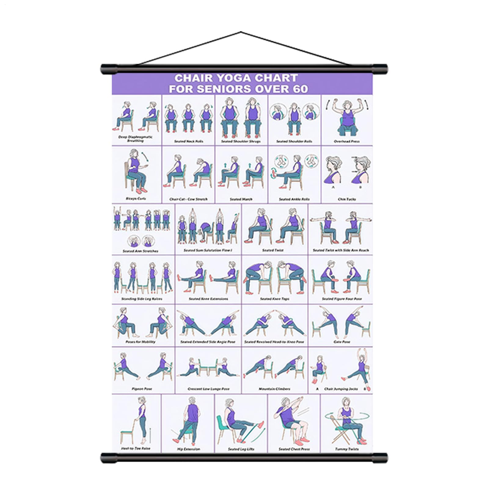 Rechory Chair Exercise Chart, Beginner Friendly Multiple Poses, Seniors Over 60 Chair Yoga Poster, for Fitness Stretching Mobility Workout Training Home Gym Office