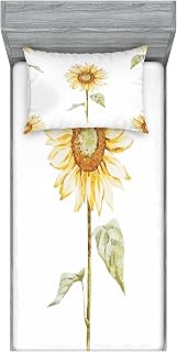 Ambesonne Sunflower Fitted Sheet & Pillow Sham Set, Sunflowers Watercolor Painting Effect and in Minimalistic Design Artwork, Decorative Printed 2 Piece Bedding Decor Set, Twinxl, Yellow Green White