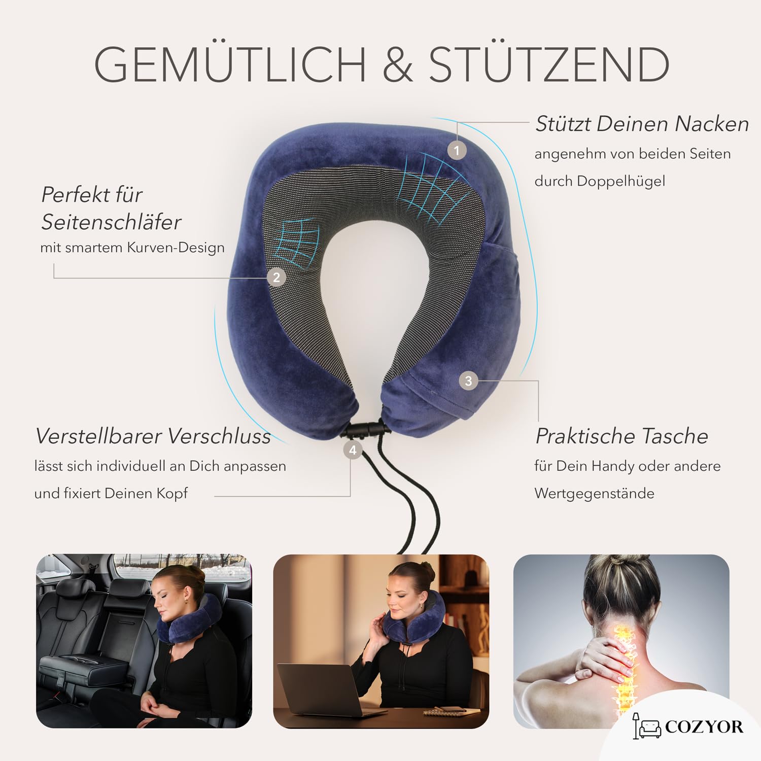 Cozyor Reiseset 2-teilig: Nackenkissen + Reisekissen & Reisedecke 2 in 1 mit Hülle - Ultraleicht & kompakt mit Rucksack-Clip und Kofferbefestigung, Flugzeugdecke 170x100 cm Bahn Auto Flugzeug