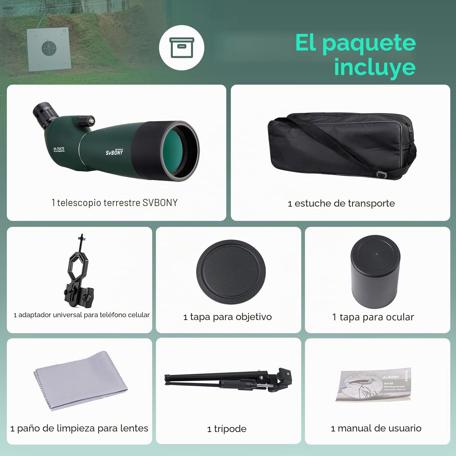 SVBONY, SV28, Telescopio de detección con trípode, ángulo de 25-75 x 70 mm con Adaptador de teléfono, Alcance Impermeable a Prueba de Niebla para observación de Aves o Vida Silvestre y Tiro al