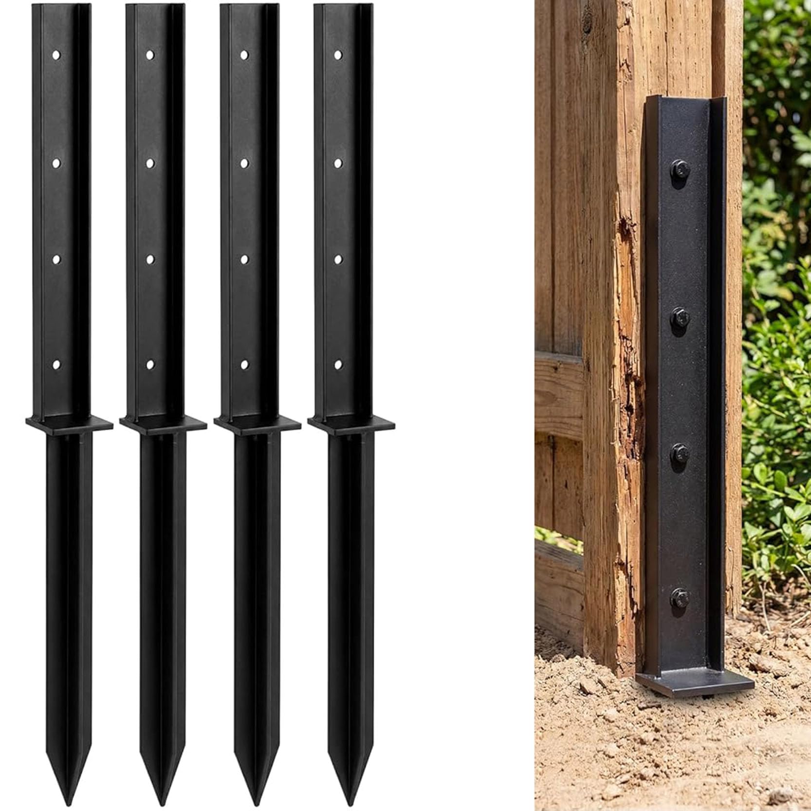 GOUZIBHD 4 PCS Fence Post Repair Kit, Black Mailbox Post Anchor Bracket, Heavy Duty One-Piece Repair Stakes with Screws for Broken Leaning Rotten Wooden Fence Posts