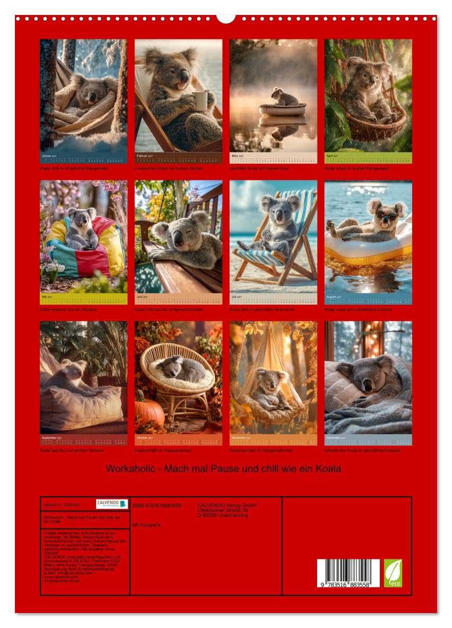 CALVENDO - Workaholic - Mach mal Pause und chill wie ein Koala (hochwertiger Premium Wandkalender 2027 DIN A2 hoch), Kunstdruck in Hochglanz: Lustiger Koala Kalender: Koalas und Koalabären als Beutelt