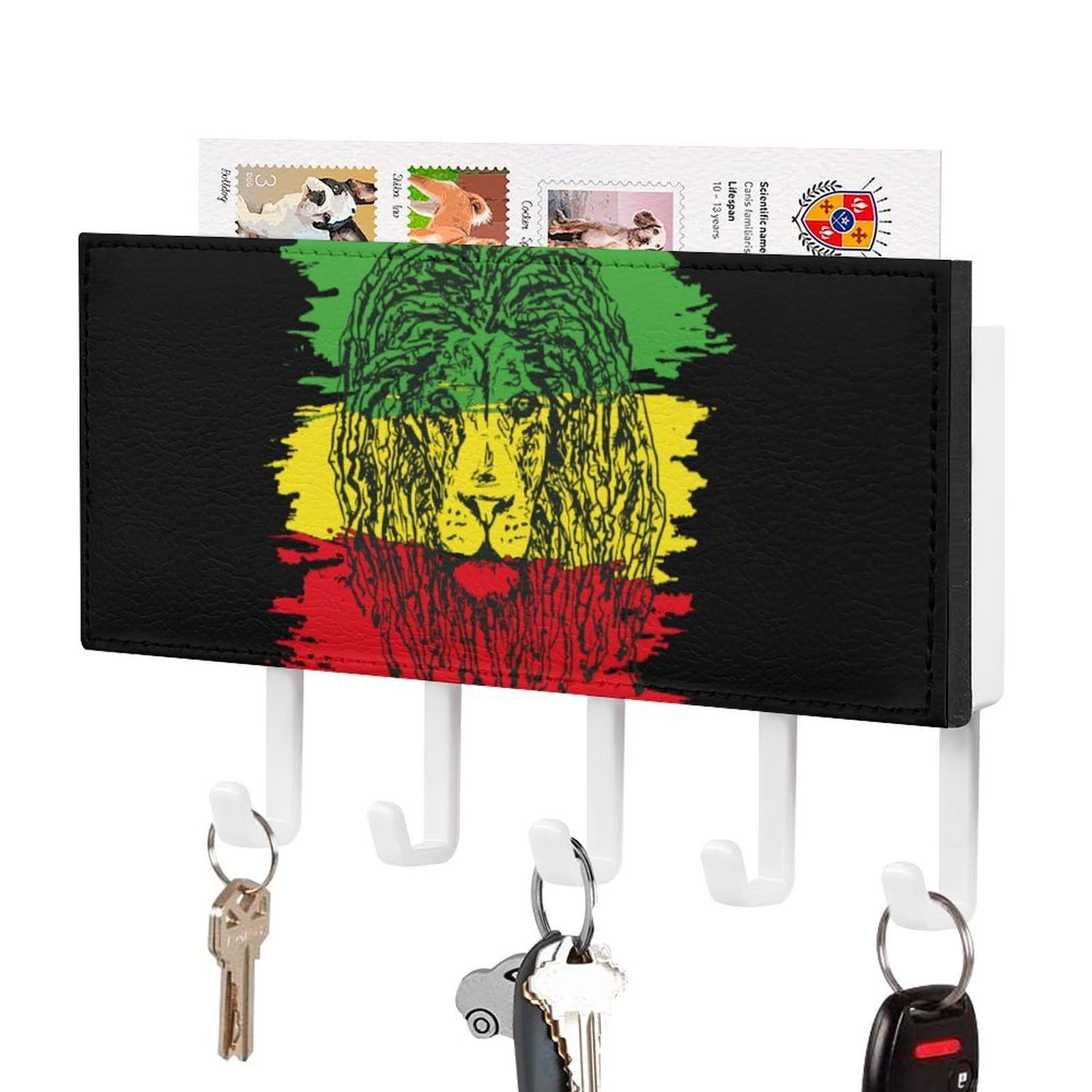 NCLQVJXZKHW Reggae-Rastafarian Flag Lion Key Holder with 5 Hooks Key Hooks Wall Mounted Key Racks Key Hanger Organiser Shelf