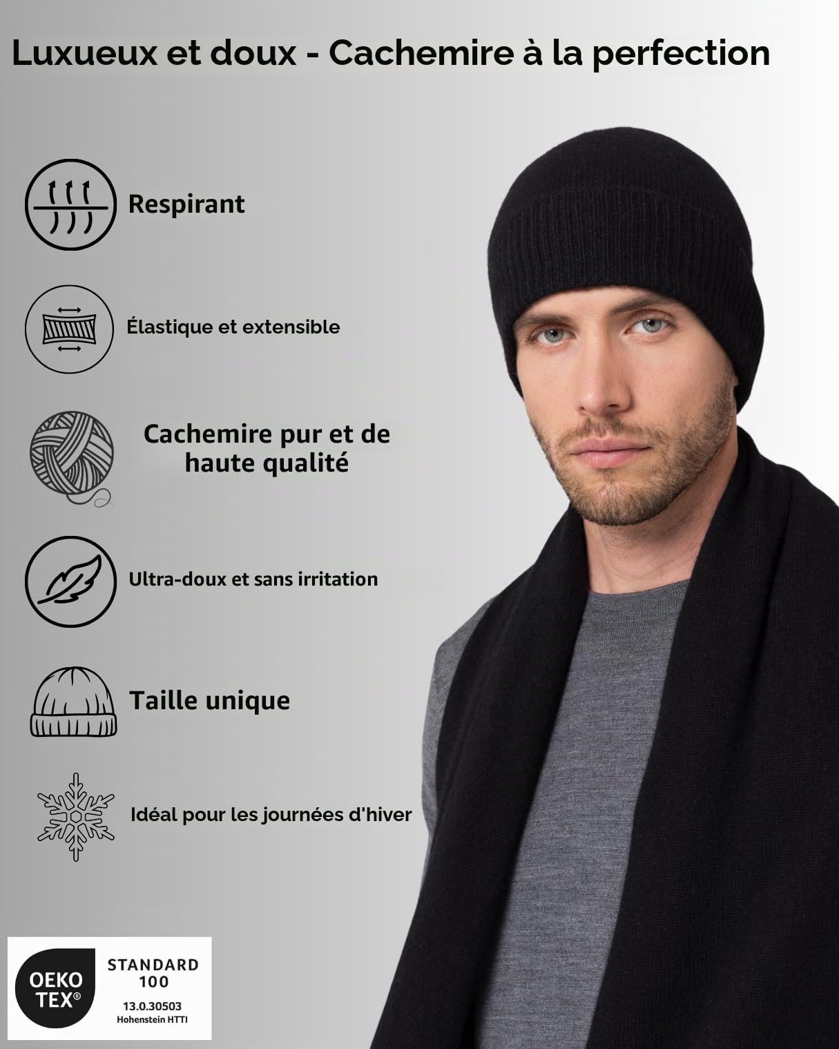 Style & Republic Bonnet Sport, Bonnet en 100% Cachemire, Taille Unique avec Tour de Taille de 44 cm et Revers de 6,5 cm, Homme