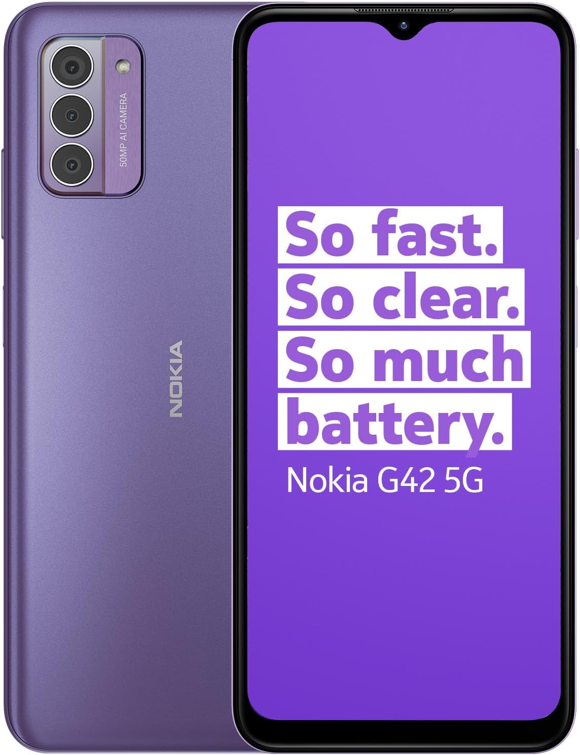Nokia G42 5G 6.56 HD+ Smartphone Featuring Triple rear 50MP AI camera, 6GB/128GB Storage, 3-day battery life, Android 13, OZO 3D audio capture, QuickFix repairability and Dual SIM - Purple