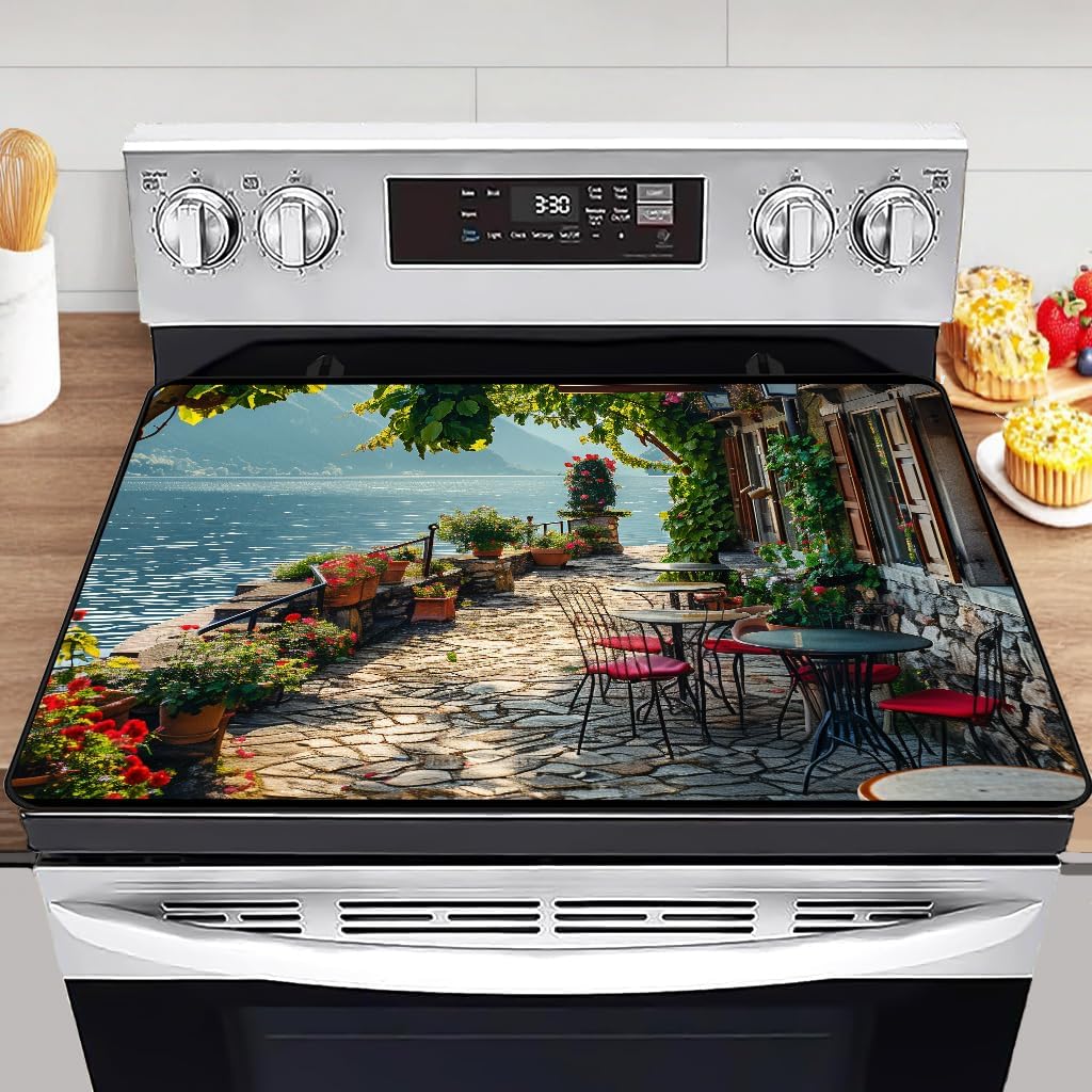 Retro Coffee Electric Stove Top Cover Protector,Cafe Bar Heat Resistant Glass Top Stove Cover Protector,Vintage Cafe Decor Glass Cooktop Covers,28.5”x 20.5”