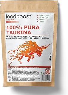 Taurina pura in polvere 500 g foodboost - Ø additivi, dosatore - ipertrofia muscolare - libido - vista, marchio di fiducia italiano, integratore taurina pre workout/post workout - 500 DOSI